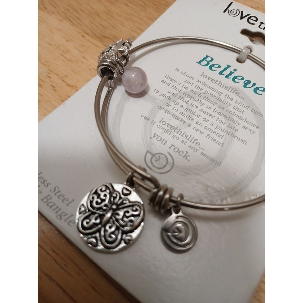 Love This Life Stainless Steel Silver Adjustable Bangle Bracelet Believe